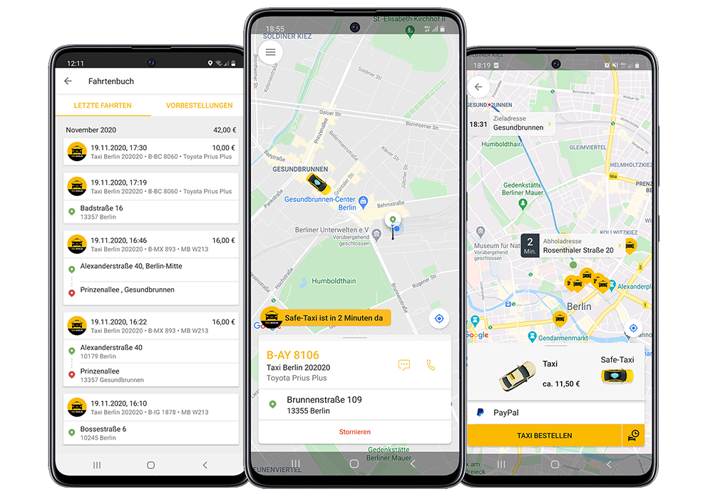 Three smartphones show a taxi-booking app: ride history on left, map with a nearby taxi in center, and a map with multiple taxis and a 'TAXI BESTELLEN' button on the right